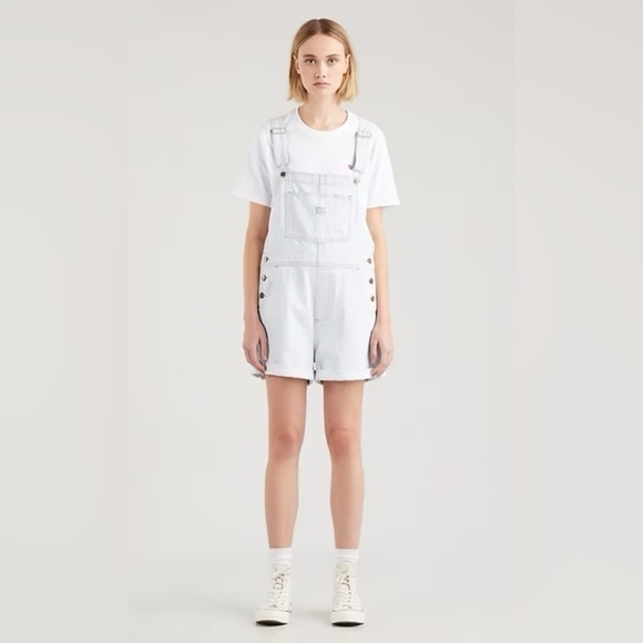 LEVI’S Vintage Style Denim Shortall NWT Stripey Blue Overall Shorts - Picture 6 of 9